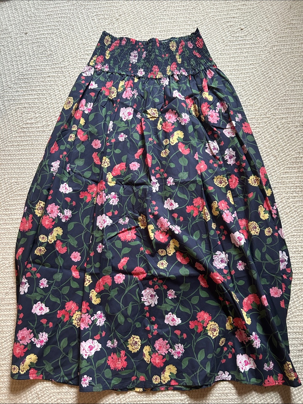 Hill House Black Floral Maxi Skirt with Smocked Waist